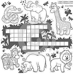 Vector colorless crossword, education game about safari animals