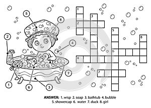Vector colorless crossword. The girl takes a bath with foam
