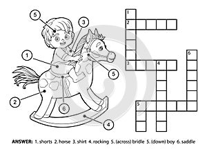 Vector colorless crossword. Little boy on a rocking horse