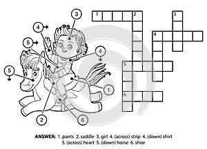 Vector colorless crossword. Little girl on a horse