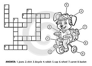 Vector colorless crossword. Little rabbit riding a bicycle