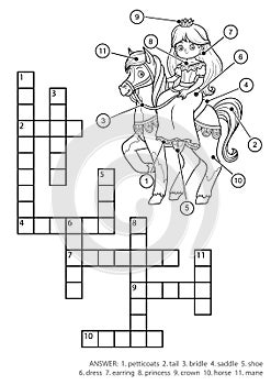 Vector colorless crossword. Princess and horse