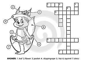 Vector colorless crossword. Squirrel jumping rope