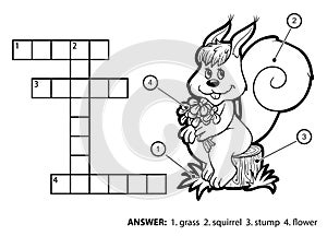 Vector colorless crossword. Squirrel sitting on a tree stump