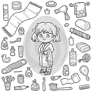 Vector colorless set of bathroom objects, girl and bathrobe