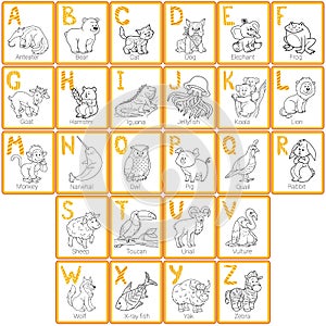 Vector colorless zoo alphabet with cute animals