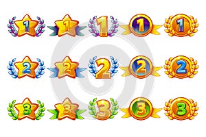 Coloured rewards icons set. 1st, 2nd, 3rd place different variation. Laurel wreath of victory and gold star or game, ui, banner, photo