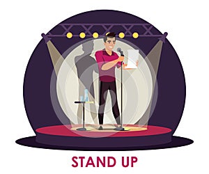 Vector comic artist performing standup on stage