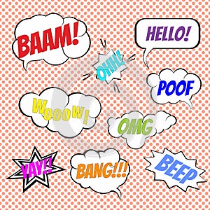 Vector comic book explosion elements collection. Comic wording sound effect, set speech bubbles design for comic background, comic