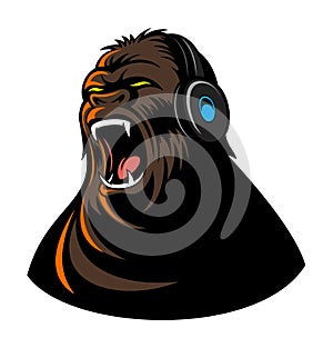 Vector, comic book style roaring gorilla with headphones, animal logo design concept.