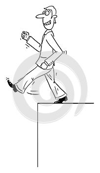 Vector Comic Cartoon of Confident Man or Businessman Walking Forward Ignoring the Cliff or Gap and Falling Down.