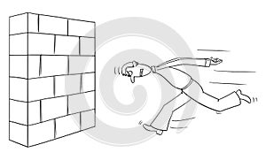 Vector Comic Cartoon of Headstrong Man or Businessman Running Against Wall Head First. Business Concept of Confidence