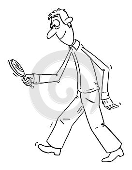 Vector Comic Cartoon of Man or Detective Walking With Magnifying Glass and Searching for Something Hidden