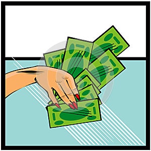 Vector comic female hand with cash money Hand with money on pop