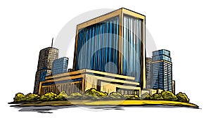 Vector comic hand-drawn illustration of United Nations headquarters. United Nations headquarters in New York