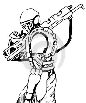 Vector comic-style futuristic soldier with a rifle on the shoulder