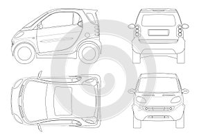 Vector compact smart car in outline. Small Compact Hybrid Vehicle.