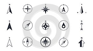 Vector compass icons. North south west and east. Wind rose icon, north arrow. Black and white symbols. Editable stroke