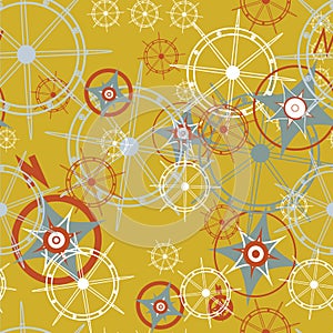 Vector Compass Rose and Ship Steering wheel seamless pattern background