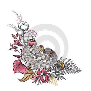 Vector composition of dried flowers, leaves and branches. Hydrangea, palm leaves, eucalyptus and other plants in