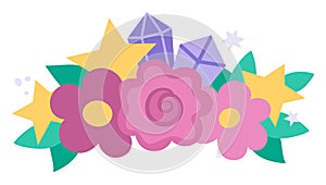 Vector composition with pink flowers, leaves., stars and purple diamonds. Unicorn treasure concept. Floral fantasy world