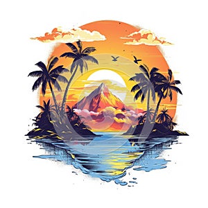 Vector composition of a retro-style California beach sunset with centered palm trees in full color photo
