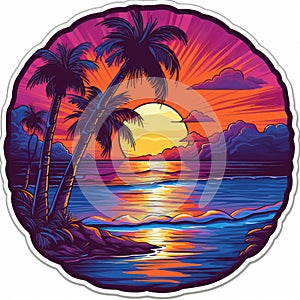 Vector composition of a retro-style California beach sunset with centered palm trees in full color photo