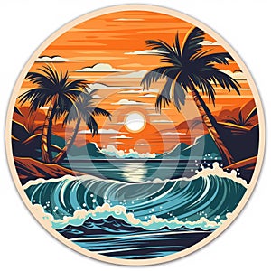 Vector composition of a retro-style California beach sunset with centered palm trees in full color photo