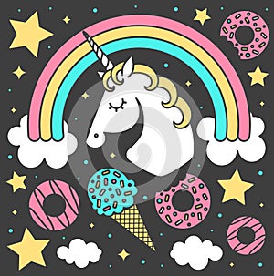 Vector composition with unicorn and rainbow on black background. Cartoon style cute character