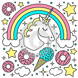 Vector composition with unicorn and rainbow Cartoon style cute character