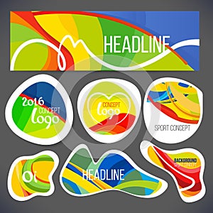 Vector composition of a wave of bands with different colors are intertwined including sport symbols.