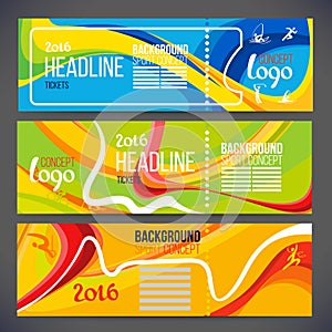 Vector composition of a wave of bands with different colors are intertwined including sport symbols