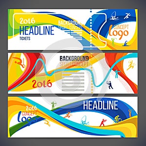 Vector composition of a wave of bands with different colors are intertwined including sport symbols