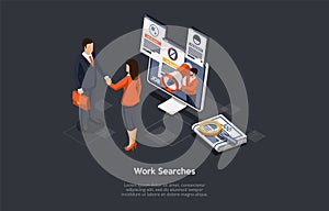 Vector Composition On Work Search, Employment Process, Job Vacancy Hire Concept. Isometric Illustration, Cartoon 3D