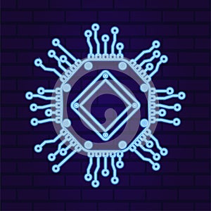 Vector computer electronic chip neon glowing outline icon. Line microchip processor artificial intelligence, cpu, iot
