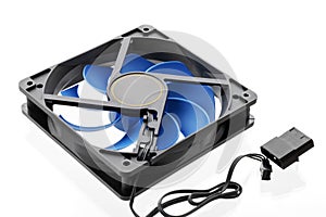 Vector computer fan 12 volt. Computer cooler with blue blades,