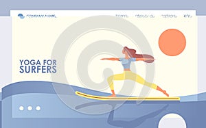 Vector concept banner with flat woman doing yoga asana on surfing board. Blue wave, orange sun on white background. Landing page
