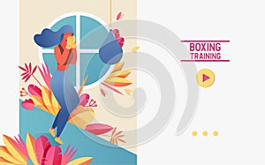 Vector concept banner with young girl doing boxing training with punching bag. Vivid landing page sport scene, good for courses or