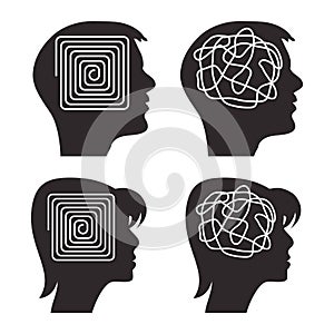 Vector concept of chaos and order in human head. woman and man