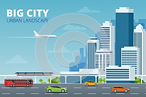Vector concept city and suburban life. City street, large modern buildings, cityscape, cars. Urban landscape.