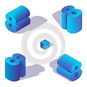 Vector concept collection with isometric blue numbers 8 in various foreshortening with shadows