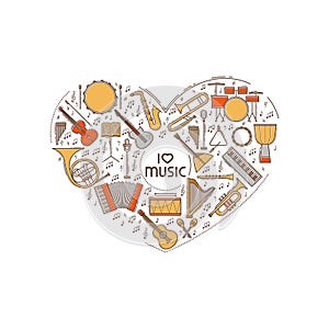 Vector concept with colorful music instruments icon set in heart shape. Thin line illustration. Sound silhouette