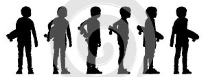 Vector concept conceptual black silhouette of a boy holding a skateboard in hands from different perspectives