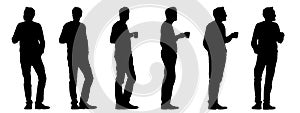 Vector concept conceptual black silhouette of a casually dressed men holding a cup in hand from different perspectives