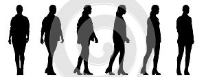 Vector concept conceptual black silhouette of a casually dressed woman walking from different perspectives isolated on white