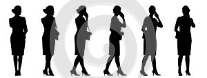 Vector concept conceptual black silhouette of an elegant woman talking on the phone from different perspectives