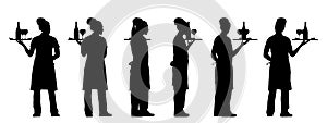 Vector concept conceptual black silhouette of a female waiter serving drinks from different perspectives