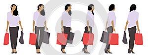 Vector concept conceptual black silhouette of a woman holding shopping bags from different perspectives