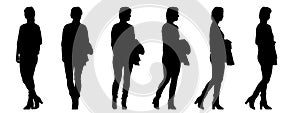 Vector concept conceptual black silhouette of a woman with a jacket in hand from different perspectives