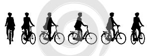 Vector concept or conceptual black silhouette of a woman riding a bicycle from different perspectives